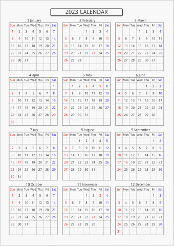 2023年 年間カレンダー 標準 枠あり 曜日(英語)