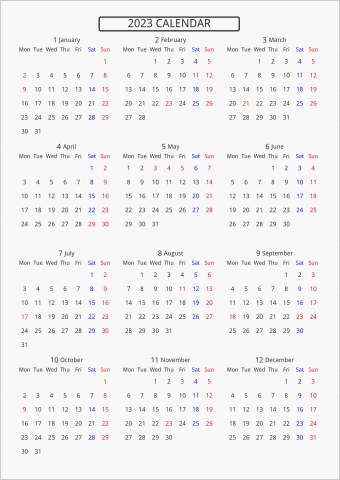 2023年 年間カレンダー 標準 枠なし 月曜始まり 曜日(英語)