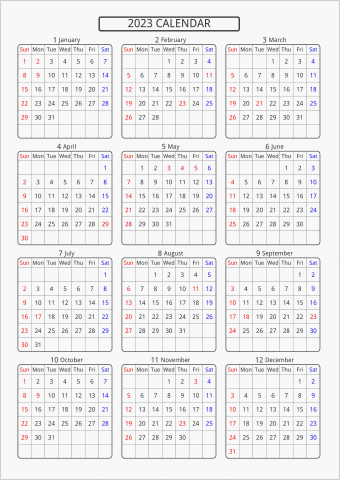 2023年 年間カレンダー 標準 角丸枠 曜日(英語)