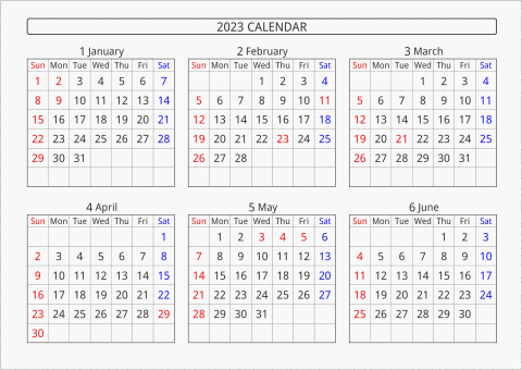2023年 6ヶ月カレンダー 横向き 曜日(英語)