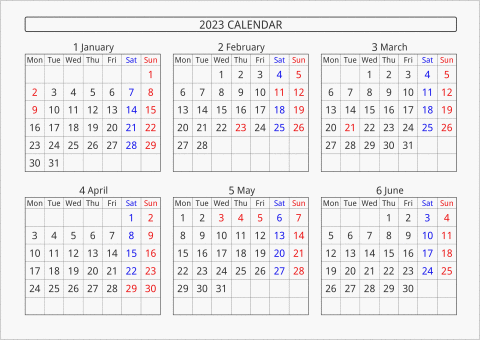 2023年 6ヶ月カレンダー 横向き 月曜始まり 曜日(英語)