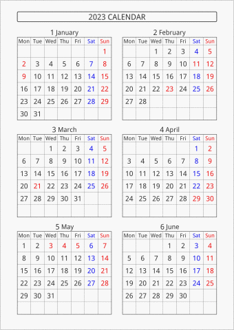 2023年 6ヶ月カレンダー 縦向き 月曜始まり 曜日(英語)