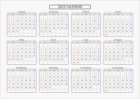 2023年 年間カレンダー 標準 角丸枠 横向き 曜日(英語)