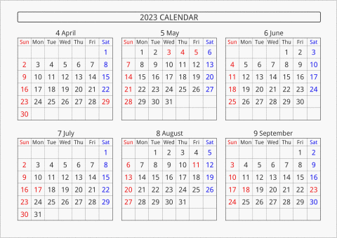 2023年 6ヶ月カレンダー 横向き 4月始まり 曜日(英語)