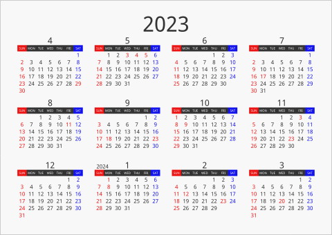 2023年 年間カレンダー フォーマル 枠なし 横向き 4月始まり 曜日(英語)