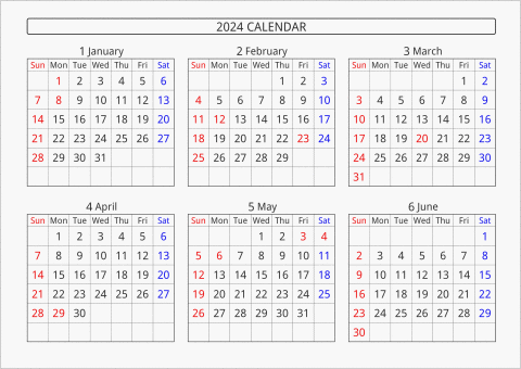 2024年 6ヶ月カレンダー 横向き 曜日(英語)