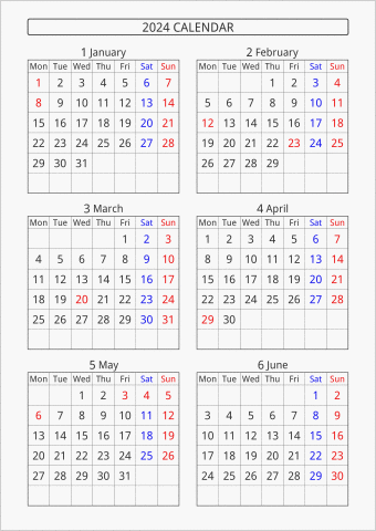 2024年 6ヶ月カレンダー 縦向き 月曜始まり 曜日(英語)