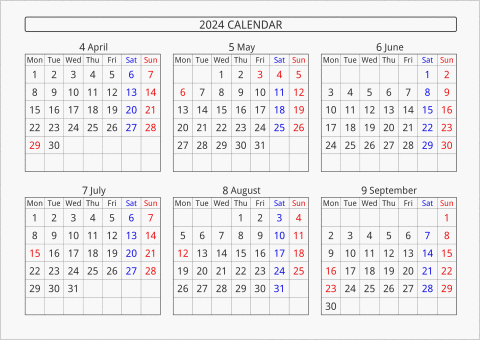 2024年 6ヶ月カレンダー 横向き 4月始まり 月曜始まり 曜日(英語)