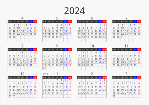 2024年 年間カレンダー フォーマル 横向き 4月始まり 月曜始まり 曜日(英語)