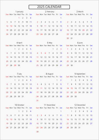 2025年 年間カレンダー 標準 枠なし 曜日(英語)