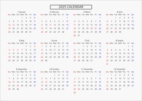 2025年 年間カレンダー 標準 枠なし 横向き 曜日(英語)