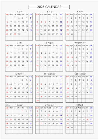 2025年 年間カレンダー 標準 枠あり 4月始まり 曜日(英語)