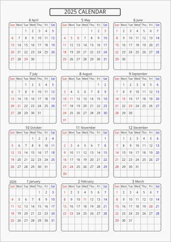 2025年 年間カレンダー 標準 角丸枠 4月始まり 曜日(英語)