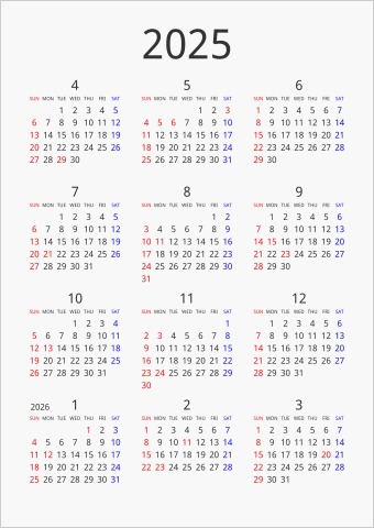2025年 年間カレンダー シンプル 縦向き 4月始まり 曜日(英語)