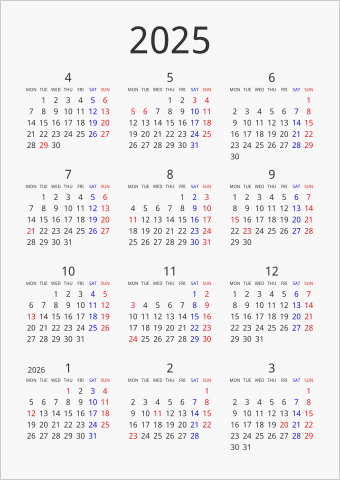 2025年 年間カレンダー シンプル 縦向き 4月始まり 月曜始まり 曜日(英語)