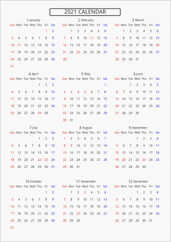 2021年 年間カレンダー 標準 枠なし 曜日(英語)