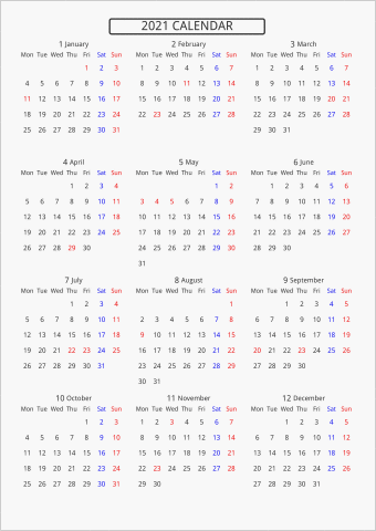 21年 年間カレンダー 標準 枠なし パソコンカレンダーサイト