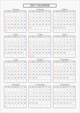 2021年 年間カレンダー 標準 角丸枠 曜日(英語)