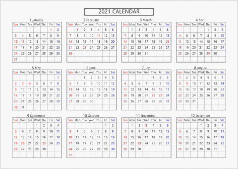 2021年 年間カレンダー 標準 横向き 曜日(英語)