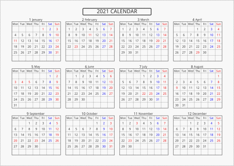 2021年 年間カレンダー 標準 横向き 月曜始まり 曜日(英語)