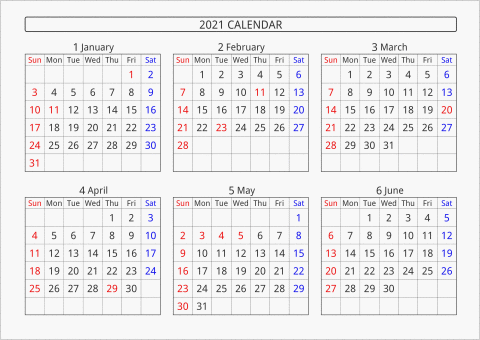 2021年 6ヶ月カレンダー 横向き 曜日(英語)