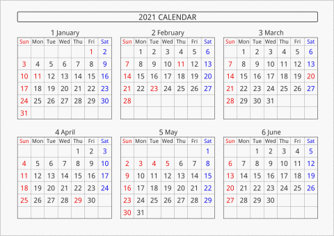 21年 6ヶ月カレンダー 横向き パソコンカレンダーサイト