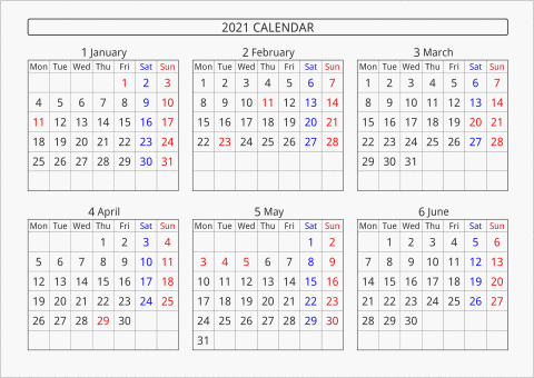 2021年 6ヶ月カレンダー 横向き 月曜始まり 曜日(英語)