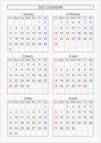 2021年 6ヶ月カレンダー 縦向き 曜日(英語)