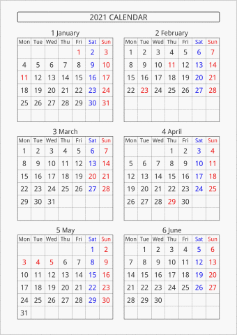 2021年 6ヶ月カレンダー 縦向き 月曜始まり 曜日(英語)