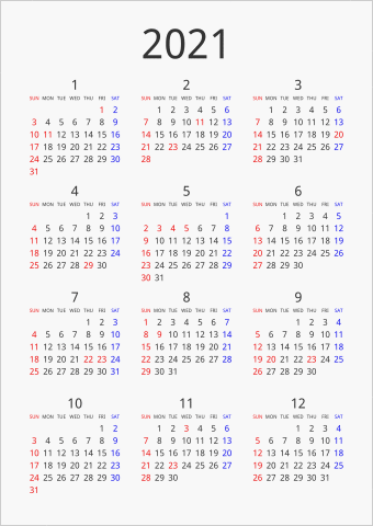 2021年 年間カレンダー シンプル 縦向き 曜日(英語)