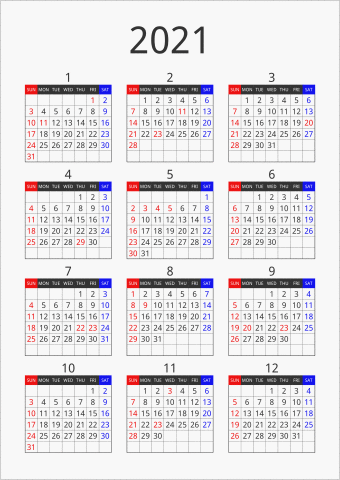 2021年 年間カレンダー フォーマル 縦向き 曜日(英語)