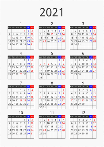 2021年 年間カレンダー フォーマル 縦向き 月曜始まり 曜日(英語)