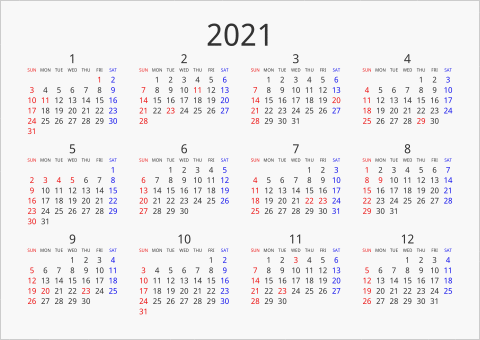 2021年 年間カレンダー シンプル 横向き 曜日(英語)