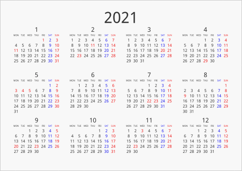 2021年 年間カレンダー シンプル 横向き 月曜始まり 曜日(英語)