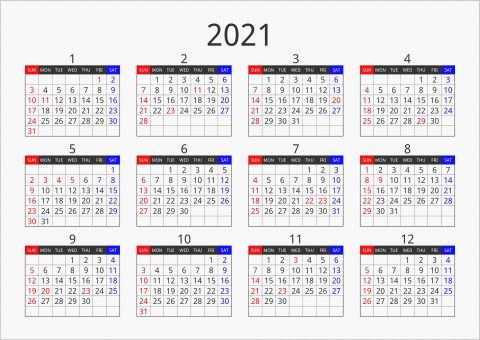 2021年 年間カレンダー フォーマル 横向き 曜日(英語)