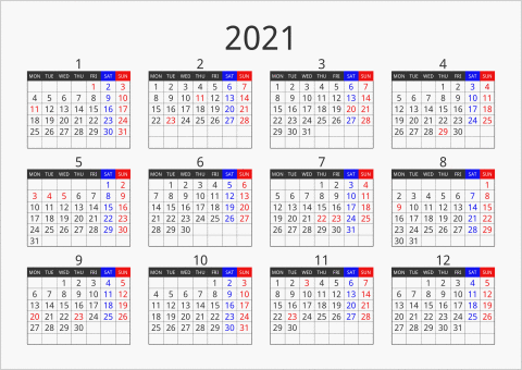 2021年 年間カレンダー フォーマル 横向き 月曜始まり 曜日(英語)