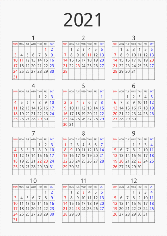 2021年 年間カレンダー シンプル 枠あり 縦向き 曜日(英語)