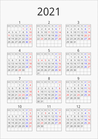 2021年 年間カレンダー シンプル 枠あり 縦向き 月曜始まり 曜日(英語)