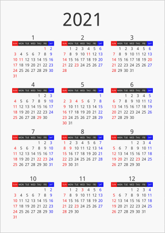 2021年 年間カレンダー フォーマル 枠なし 縦向き 曜日(英語)
