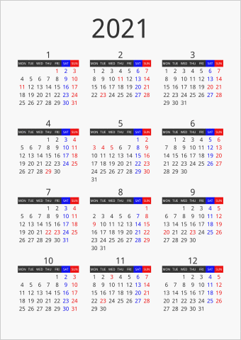2021年 年間カレンダー フォーマル 枠なし 縦向き 月曜始まり 曜日(英語)