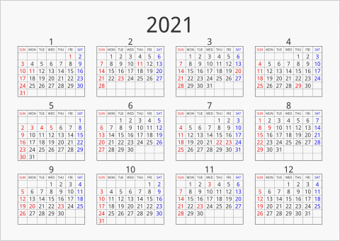 2021年 年間カレンダー シンプル 枠あり 横向き 曜日(英語)