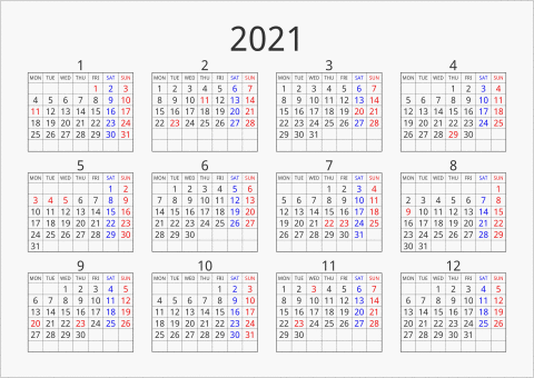2021年 年間カレンダー シンプル 枠あり 横向き 月曜始まり 曜日(英語)