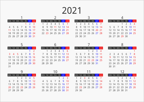 2021年 年間カレンダー フォーマル 枠なし 横向き 月曜始まり 曜日(英語)