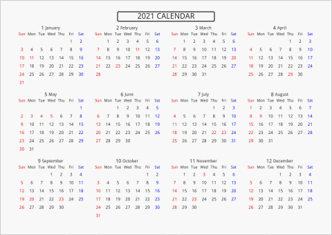 2021年 年間カレンダー 標準 枠なし 横向き 曜日(英語)
