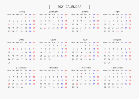 2021年 年間カレンダー 標準 枠なし 横向き 月曜始まり 曜日(英語)