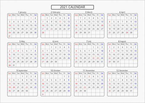2021年 年間カレンダー 標準 角丸枠 横向き 曜日(英語)