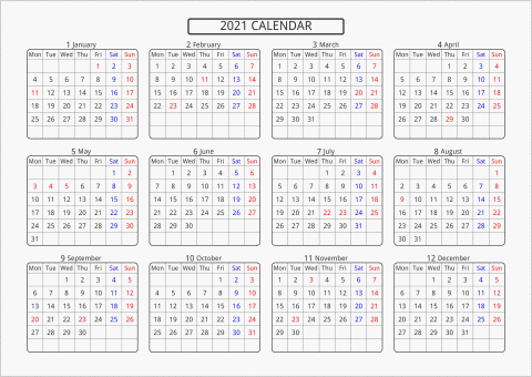 2021年 年間カレンダー 標準 角丸枠 横向き 月曜始まり 曜日(英語)