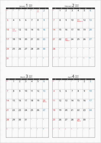 2021年 4ヶ月カレンダー カラー枠 縦向き ブラック