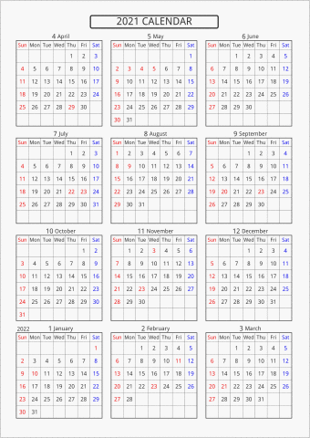 2021年 年間カレンダー 標準 枠あり 4月始まり 曜日(英語)