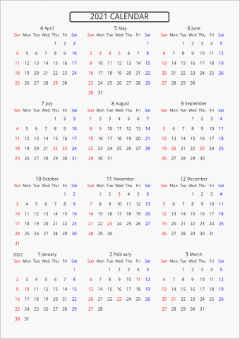 2021年 年間カレンダー 標準 枠なし 4月始まり 曜日(英語)